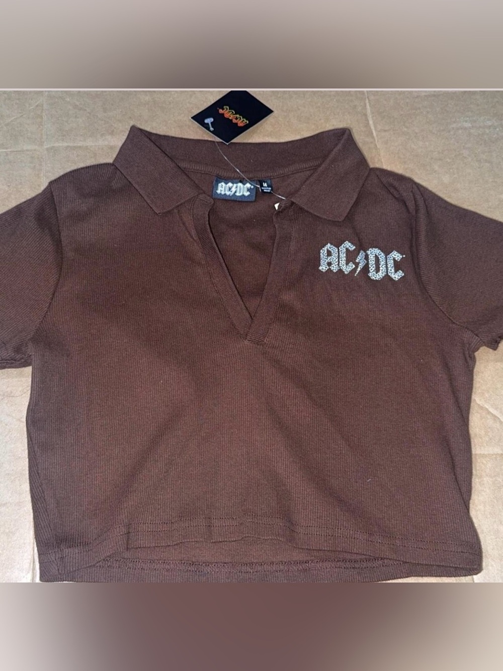 AC/DC Brown Polo with Silver Rhinestone Logo crop top
